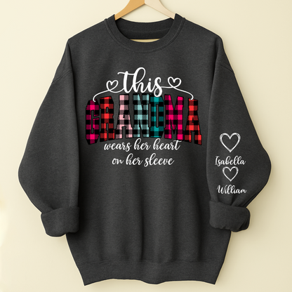 This Grandma Were Her Heart On Her Sleeve Personalized Grandma and Grandkids Christmas Gift Shirt