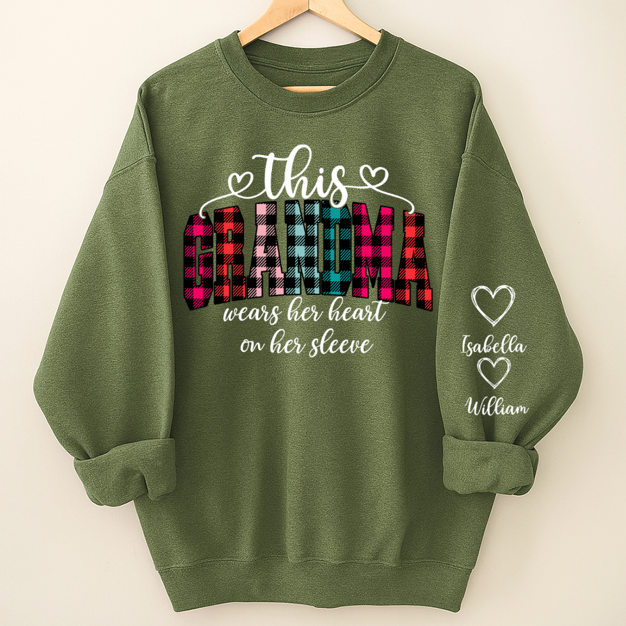 This Grandma Were Her Heart On Her Sleeve Personalized Grandma and Grandkids Christmas Gift Shirt