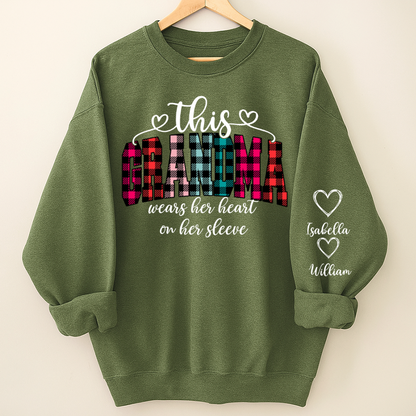 This Grandma Were Her Heart On Her Sleeve Personalized Grandma and Grandkids Christmas Gift Shirt