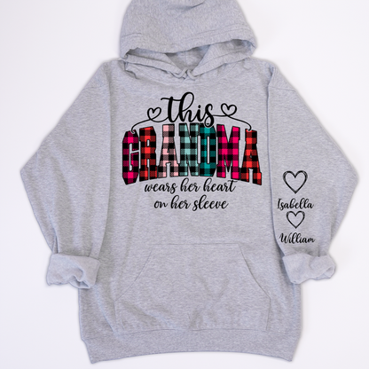 This Grandma Were Her Heart On Her Sleeve Personalized Grandma and Grandkids Christmas Gift Shirt