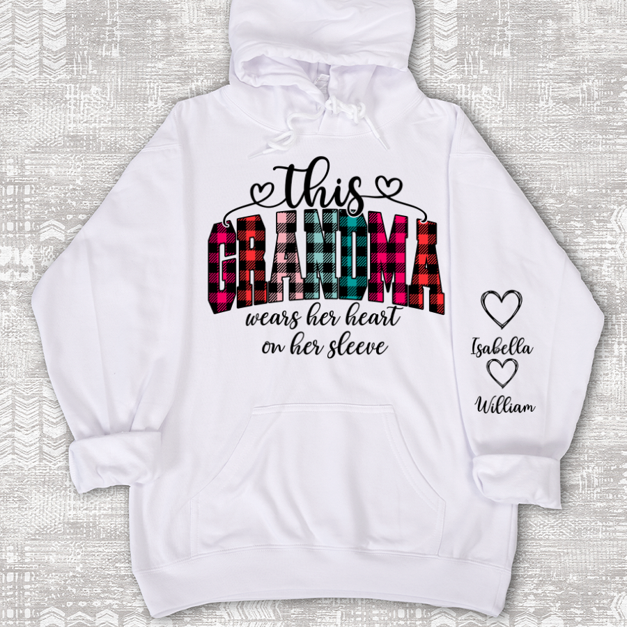 This Grandma Were Her Heart On Her Sleeve Personalized Grandma and Grandkids Christmas Gift Shirt