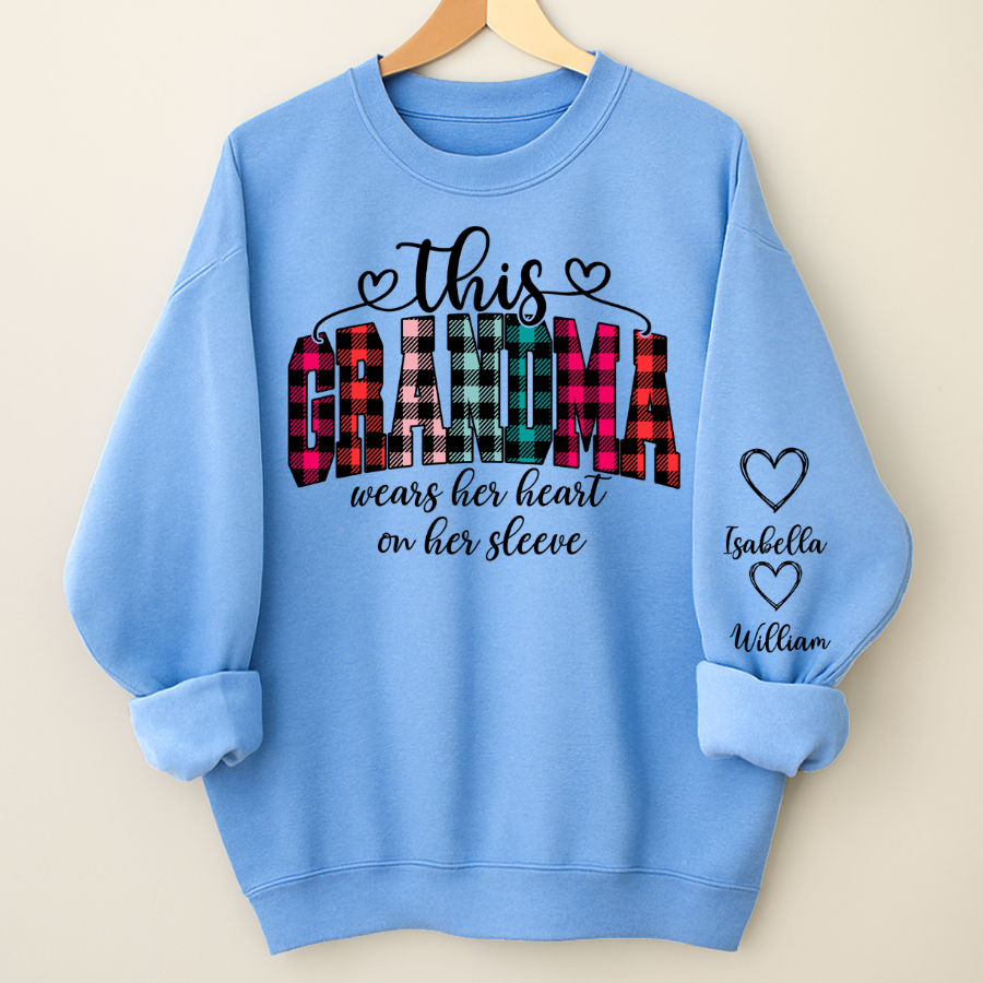 This Grandma Were Her Heart On Her Sleeve Personalized Grandma and Grandkids Christmas Gift Shirt