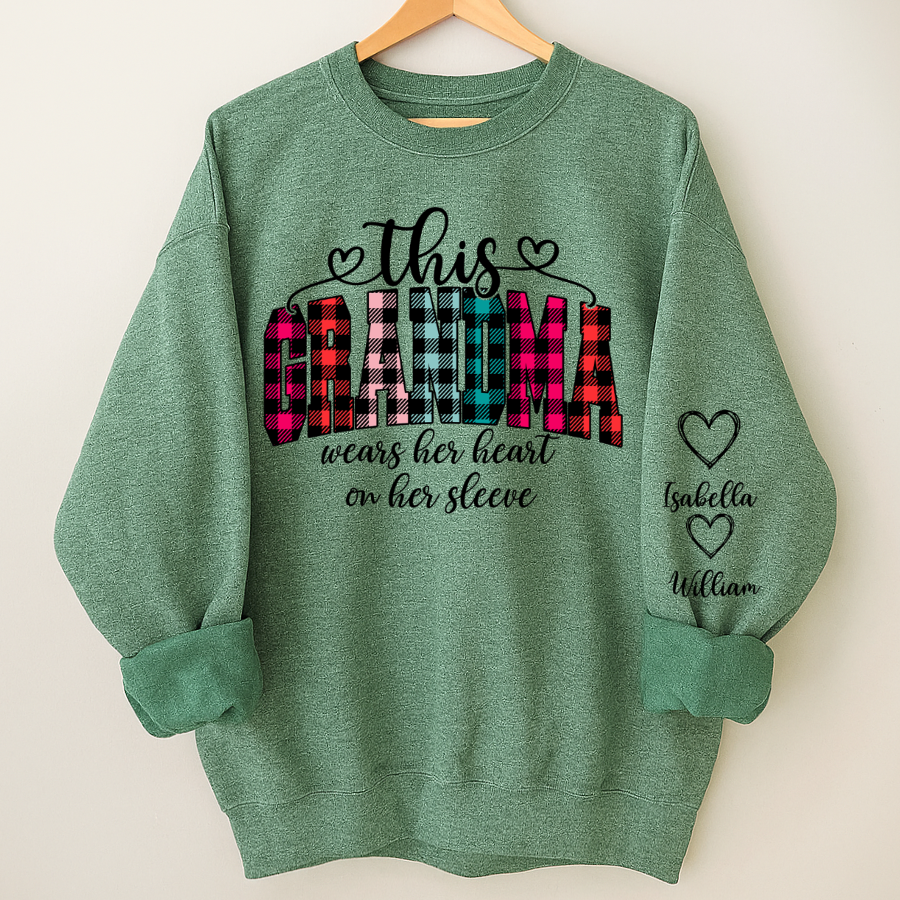 This Grandma Were Her Heart On Her Sleeve Personalized Grandma and Grandkids Christmas Gift Shirt