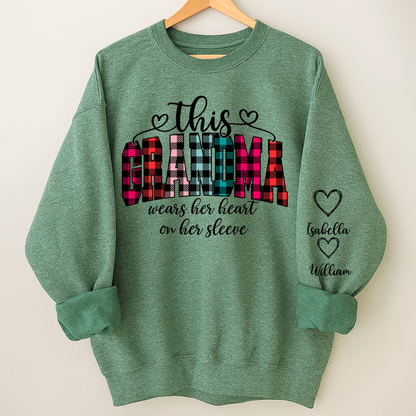 This Grandma Were Her Heart On Her Sleeve Personalized Grandma and Grandkids Christmas Gift Shirt