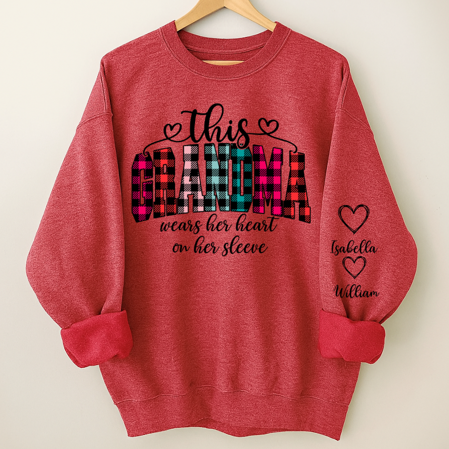 This Grandma Were Her Heart On Her Sleeve Personalized Grandma and Grandkids Christmas Gift Shirt