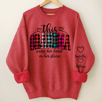 This Grandma Were Her Heart On Her Sleeve Personalized Grandma and Grandkids Christmas Gift Shirt