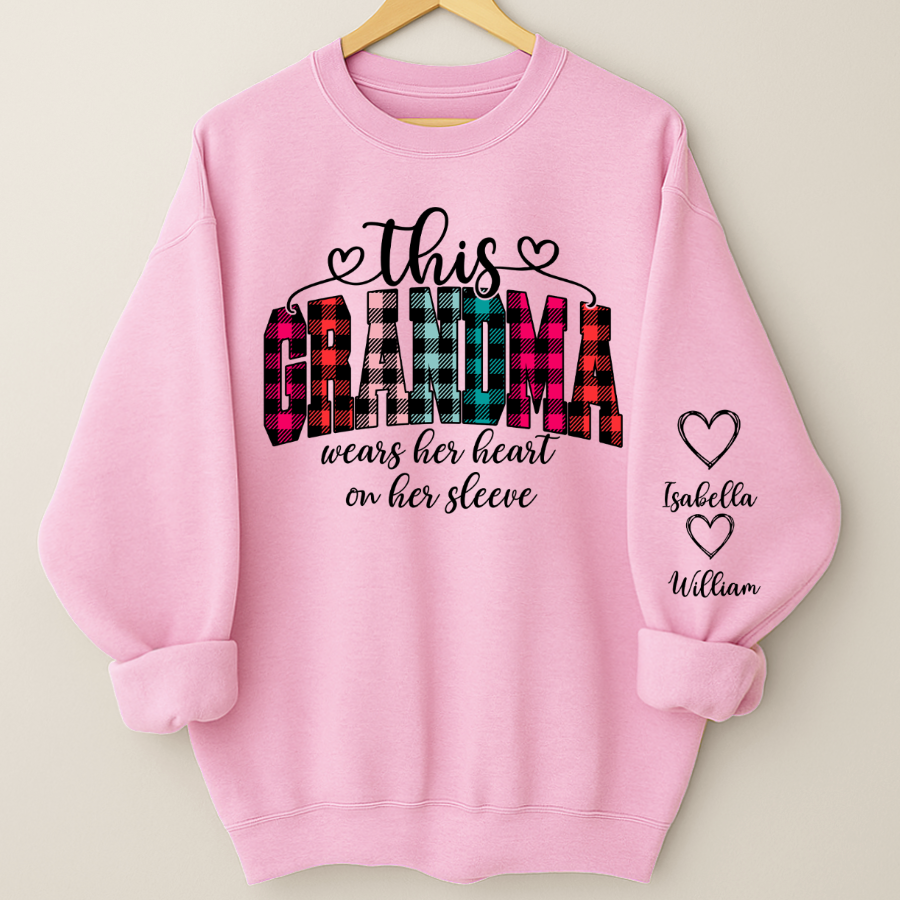 This Grandma Were Her Heart On Her Sleeve Personalized Grandma and Grandkids Christmas Gift Shirt