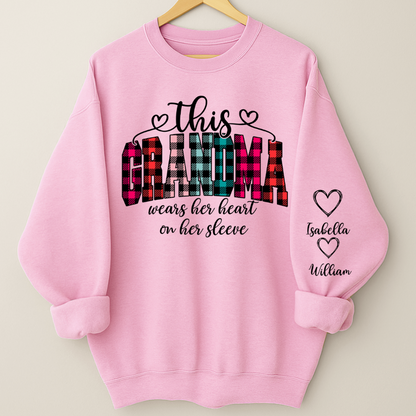 This Grandma Were Her Heart On Her Sleeve Personalized Grandma and Grandkids Christmas Gift Shirt