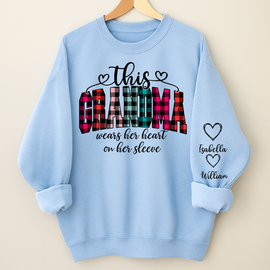 This Grandma Were Her Heart On Her Sleeve Personalized Grandma and Grandkids Christmas Gift Shirt