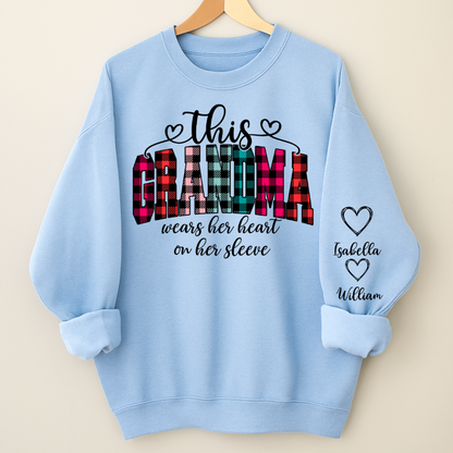 This Grandma Were Her Heart On Her Sleeve Personalized Grandma and Grandkids Christmas Gift Shirt