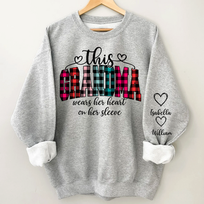 This Grandma Were Her Heart On Her Sleeve Personalized Grandma and Grandkids Christmas Gift Shirt