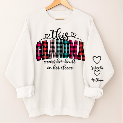 This Grandma Were Her Heart On Her Sleeve Personalized Grandma and Grandkids Christmas Gift Shirt