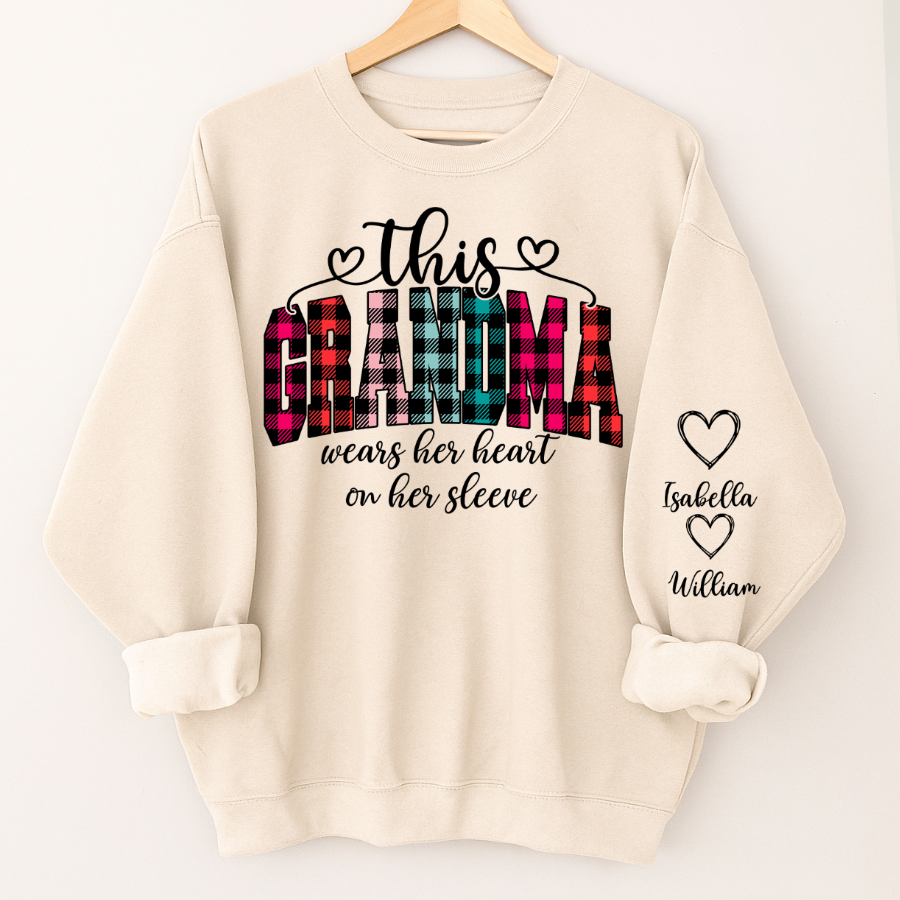 This Grandma Were Her Heart On Her Sleeve Personalized Grandma and Grandkids Christmas Gift Shirt