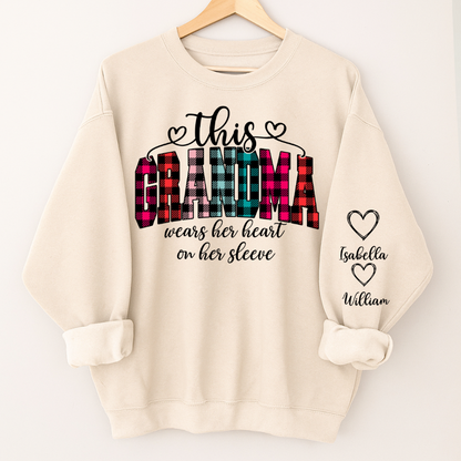 This Grandma Were Her Heart On Her Sleeve Personalized Grandma and Grandkids Christmas Gift Shirt