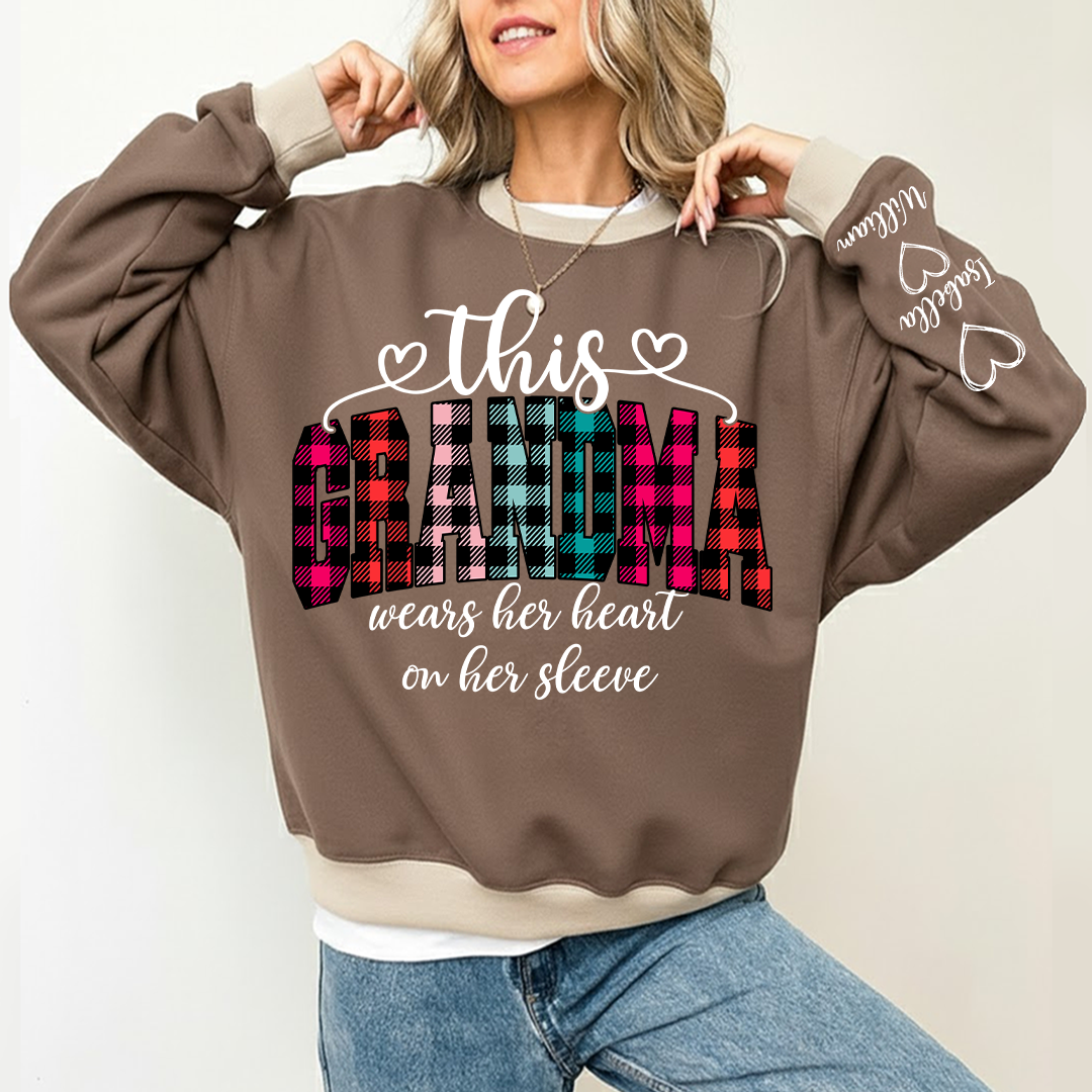 This Grandma Were Her Heart On Her Sleeve Personalized Grandma and Grandkids Christmas Gift Shirt