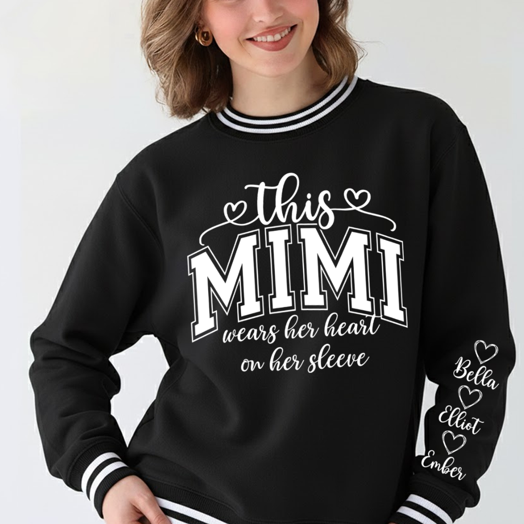 This Mimi Wears Her Heart On Her Sleeve Custom Mimi and Grankids Varsity Ribbed Crew Sweatshirt