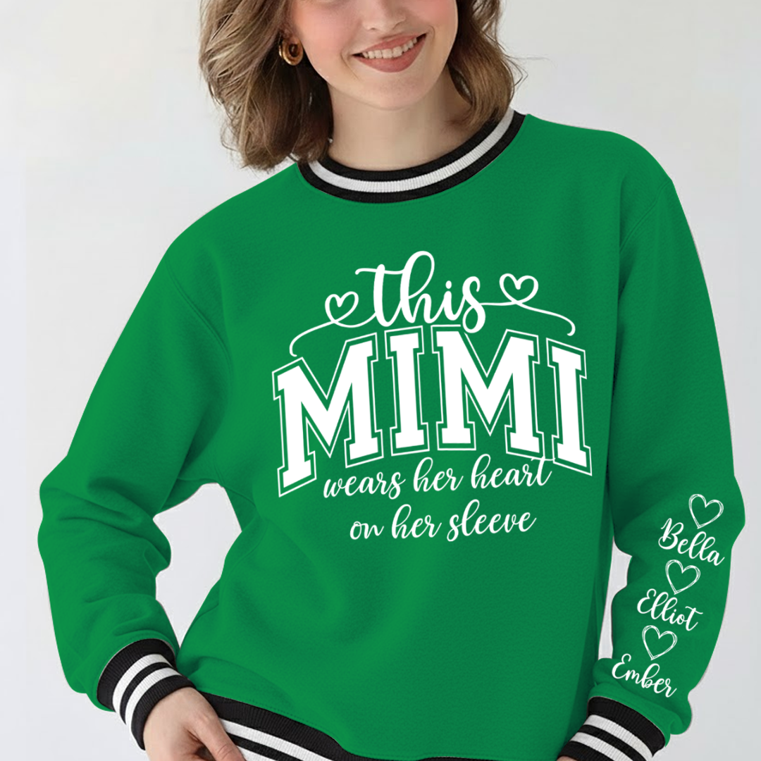 This Mimi Wears Her Heart On Her Sleeve Custom Mimi and Grankids Varsity Ribbed Crew Sweatshirt