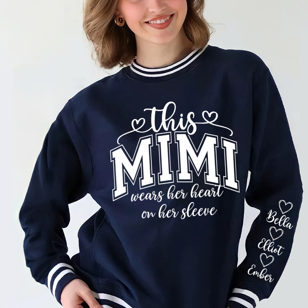 This Mimi Wears Her Heart On Her Sleeve Custom Mimi and Grankids Varsity Ribbed Crew Sweatshirt