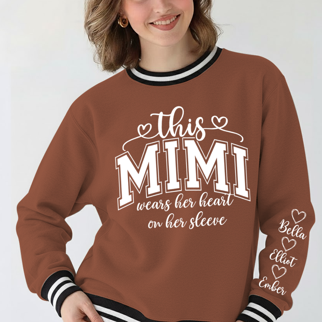 This Mimi Wears Her Heart On Her Sleeve Custom Mimi and Grankids Varsity Ribbed Crew Sweatshirt