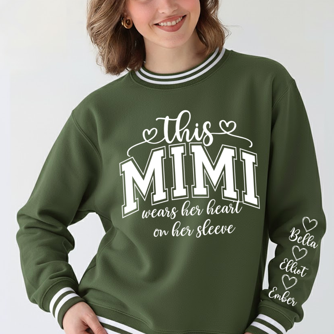 This Mimi Wears Her Heart On Her Sleeve Custom Mimi and Grankids Varsity Ribbed Crew Sweatshirt