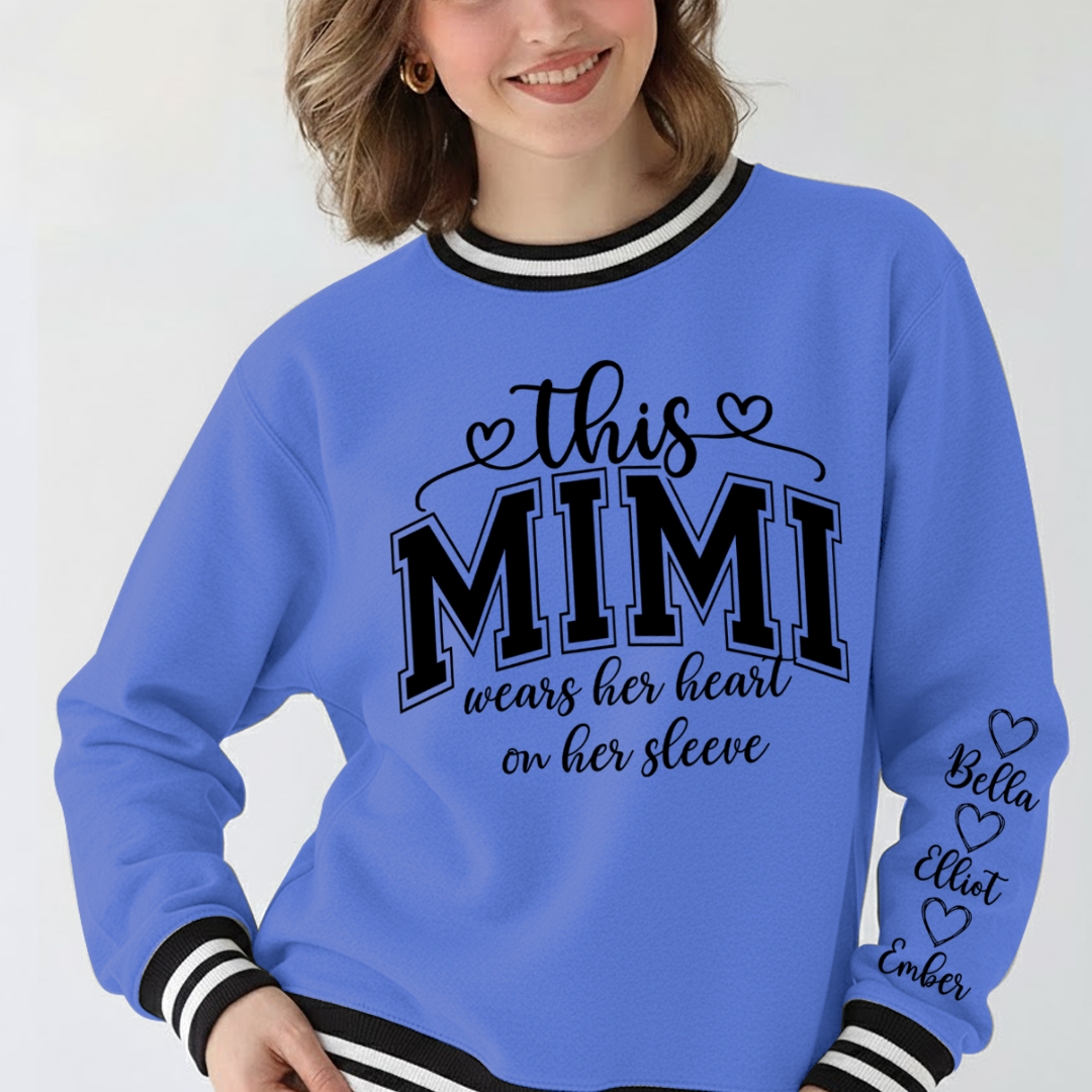 This Mimi Wears Her Heart On Her Sleeve Custom Mimi and Grankids Varsity Ribbed Crew Sweatshirt