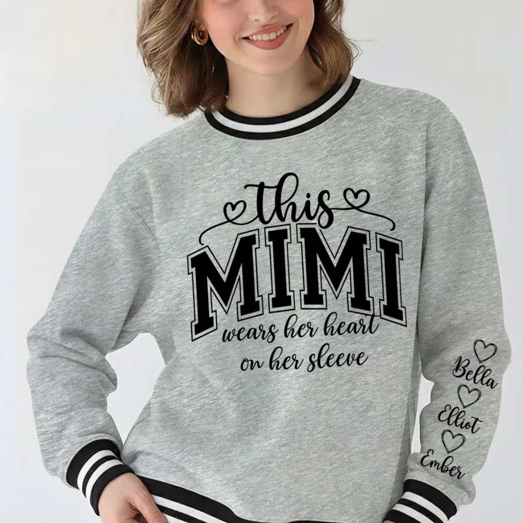 This Mimi Wears Her Heart On Her Sleeve Custom Mimi and Grankids Varsity Ribbed Crew Sweatshirt