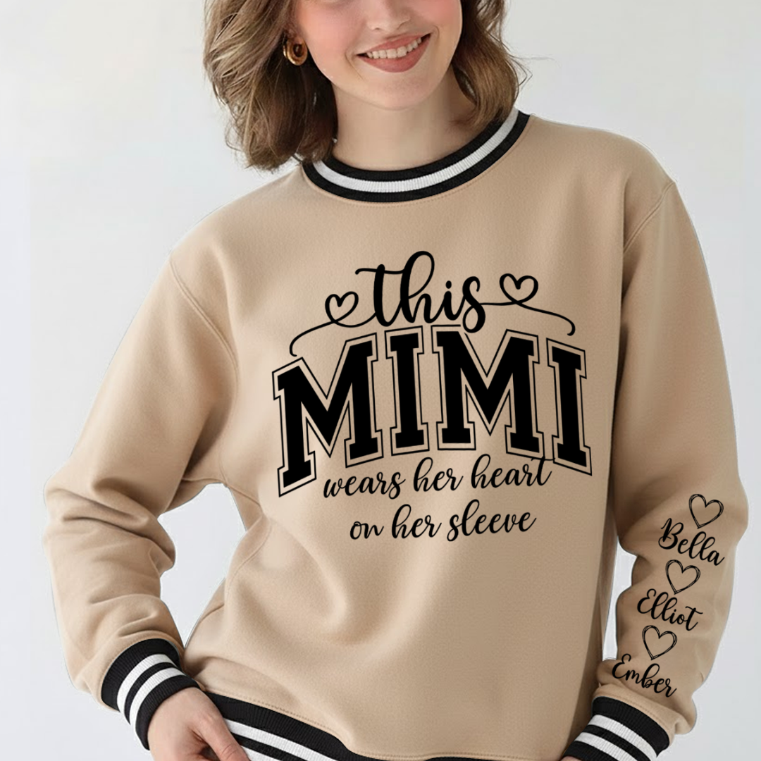 This Mimi Wears Her Heart On Her Sleeve Custom Mimi and Grankids Varsity Ribbed Crew Sweatshirt