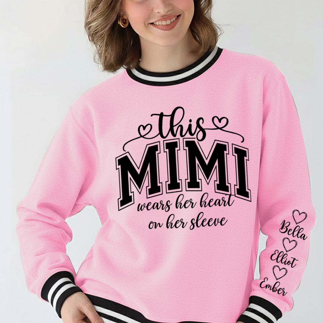 This Mimi Wears Her Heart On Her Sleeve Custom Mimi and Grankids Varsity Ribbed Crew Sweatshirt