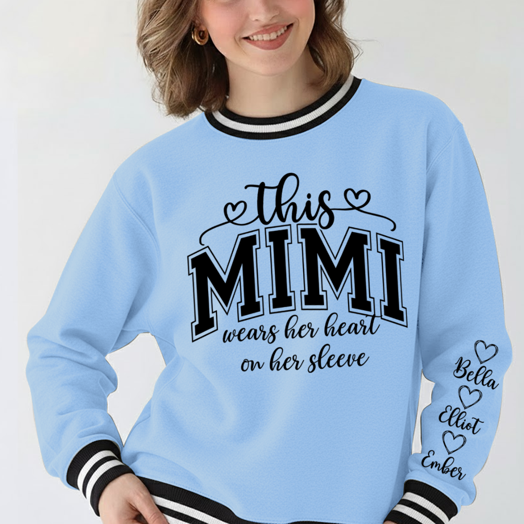 This Mimi Wears Her Heart On Her Sleeve Custom Mimi and Grankids Varsity Ribbed Crew Sweatshirt