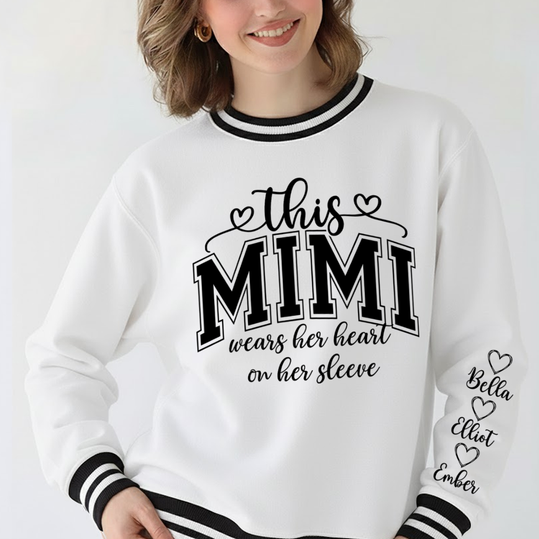 This Mimi Wears Her Heart On Her Sleeve Custom Mimi and Grankids Varsity Ribbed Crew Sweatshirt