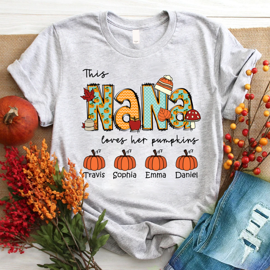 This Nana Loves Love Her Pumpkins, Custom Nana & Grandkids, Autumn Gift, Grandma Gift TH T-Shirt