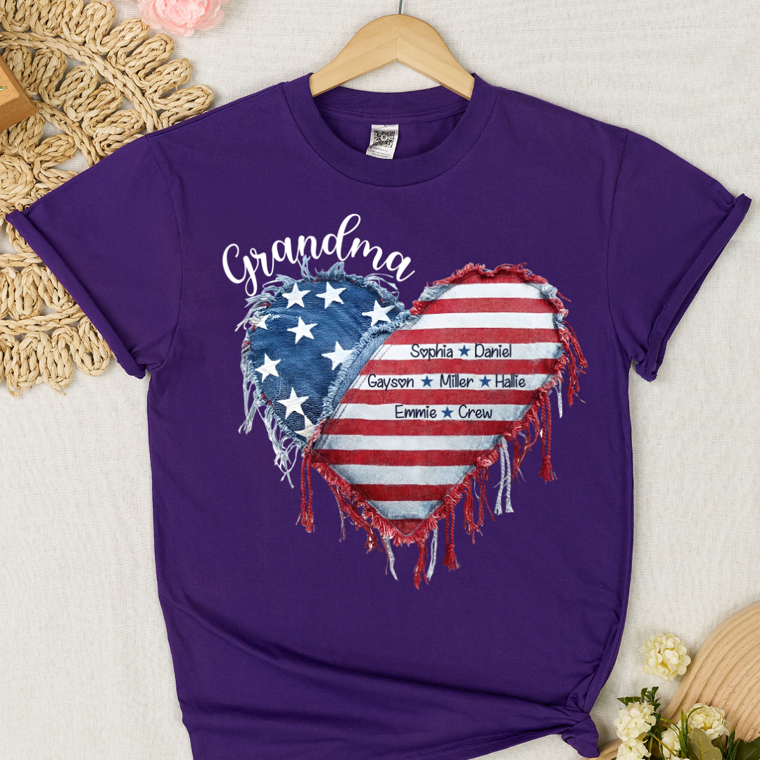 Patriotic 4th of July Personalized Grandma and Grandkids Heart America Flag T-shirt