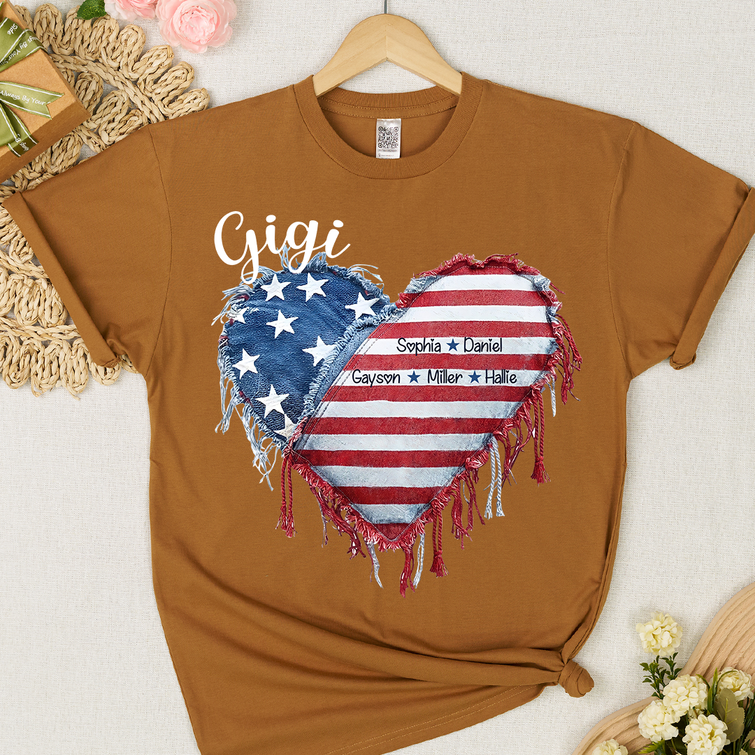 Patriotic 4th of July Personalized Grandma and Grandkids Heart America Flag T-shirt