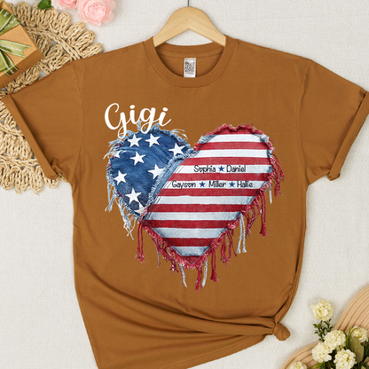 Patriotic 4th of July Personalized Grandma and Grandkids Heart America Flag T-shirt