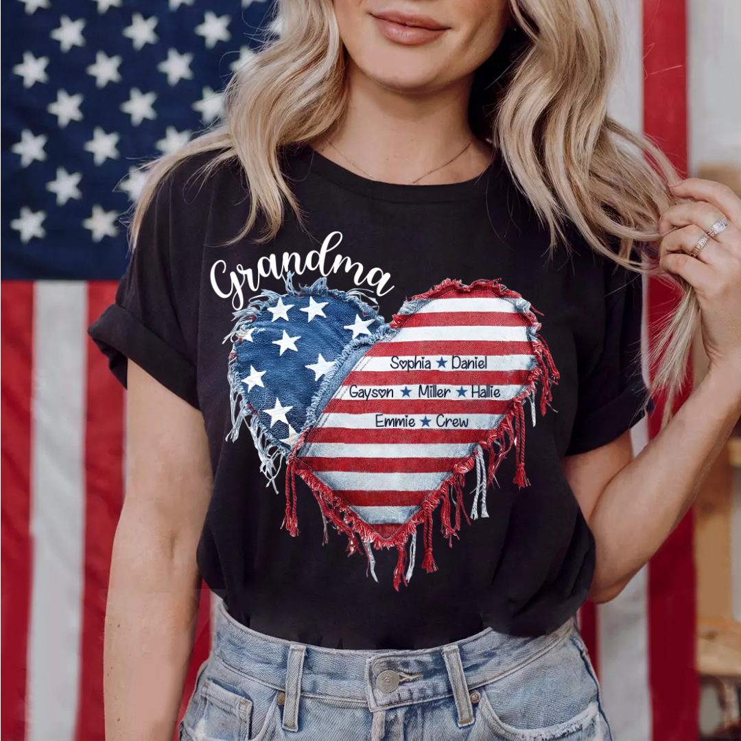 Patriotic 4th of July Personalized Grandma and Grandkids Heart America Flag T-shirt