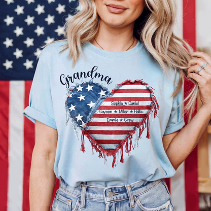 Patriotic 4th of July Personalized Grandma and Grandkids Heart America Flag T-shirt