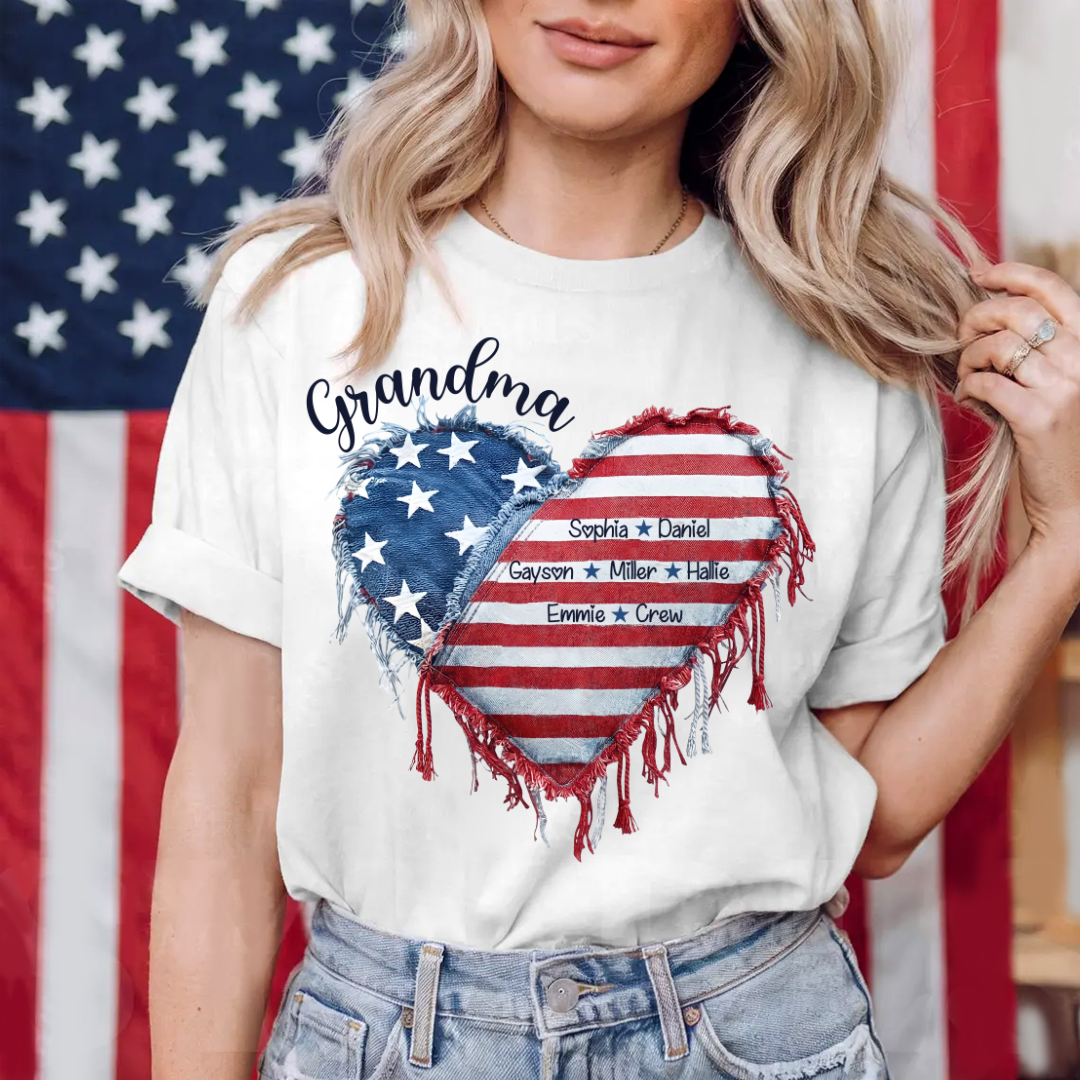Patriotic 4th of July Personalized Grandma and Grandkids Heart America Flag T-shirt