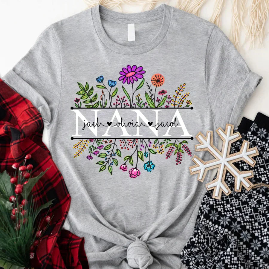 Wildflowers Nana Flower Grandkids Custom Names VTN01 T-Shirt