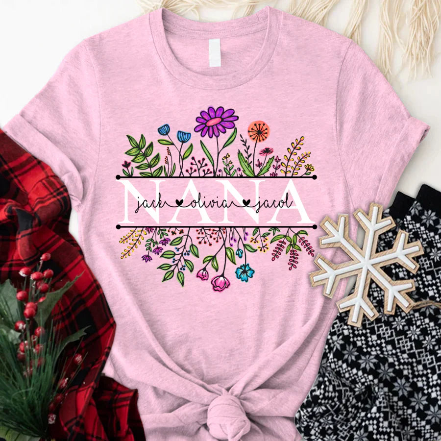 Wildflowers Nana Flower Grandkids Custom Names VTN01 T-Shirt