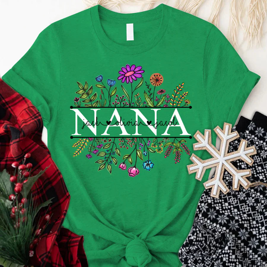 Wildflowers Nana Flower Grandkids Custom Names VTN01 T-Shirt