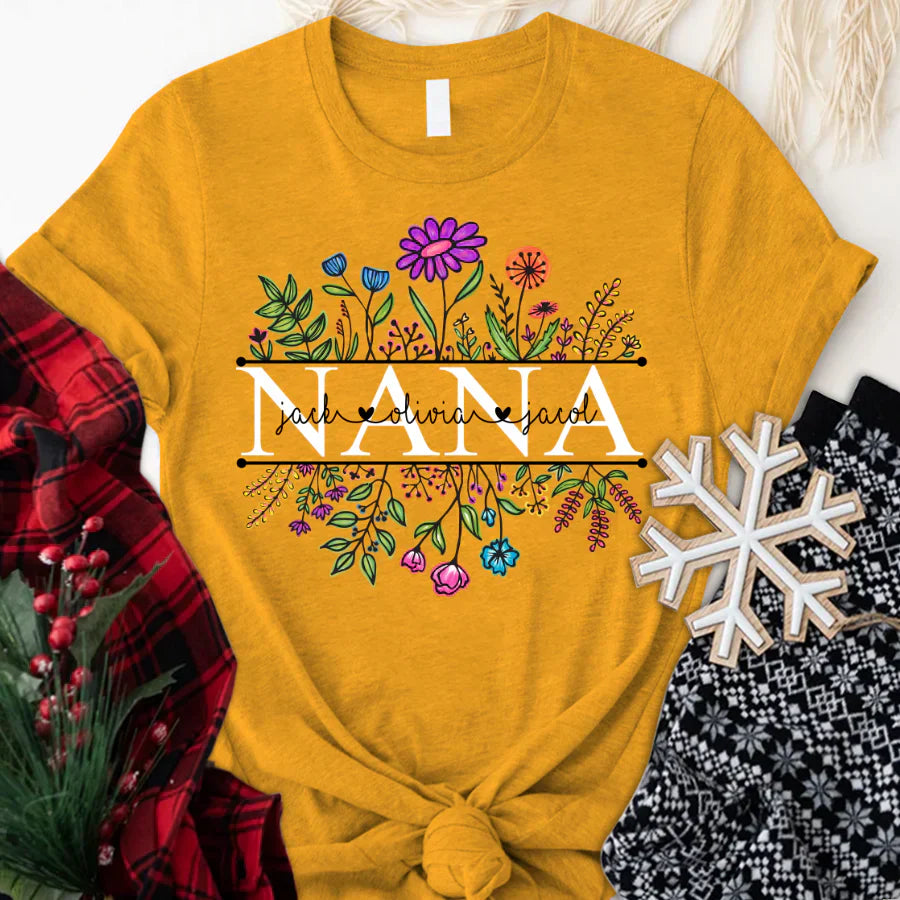 Wildflowers Nana Flower Grandkids Custom Names VTN01 T-Shirt