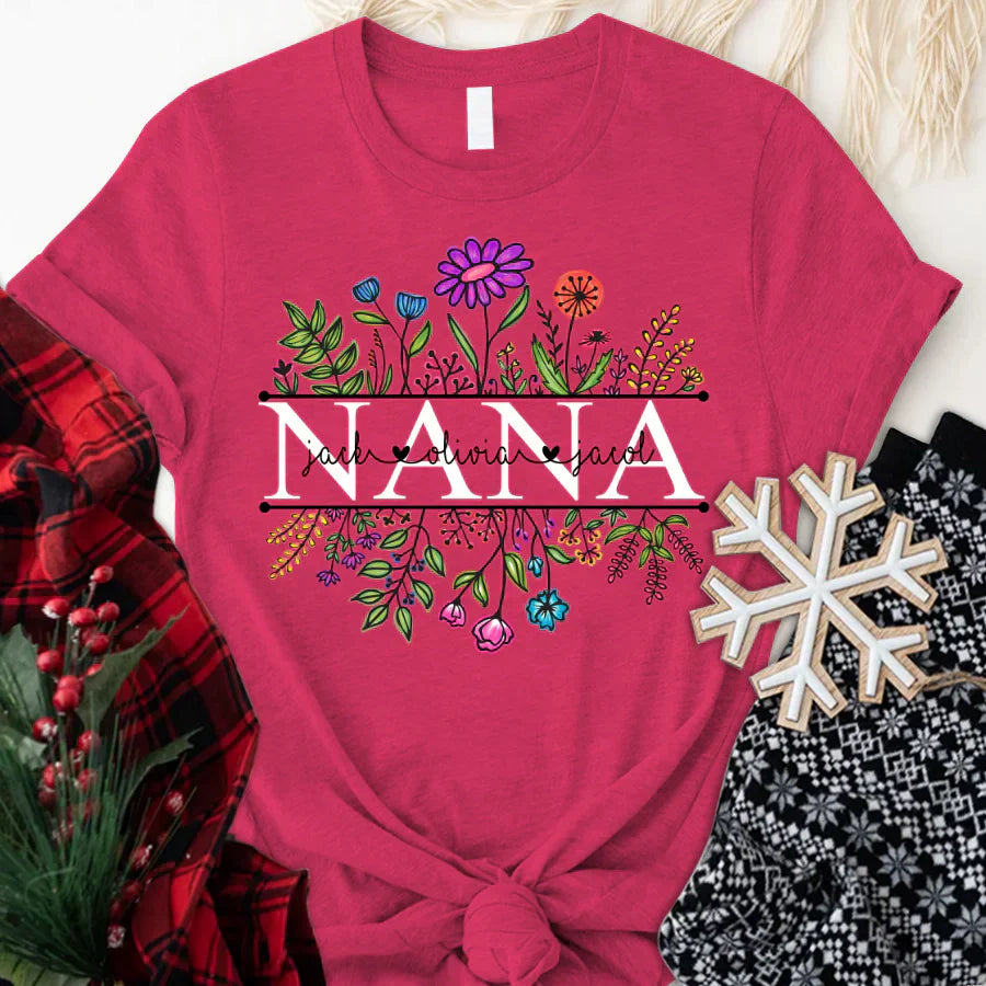Wildflowers Nana Flower Grandkids Custom Names VTN01 T-Shirt
