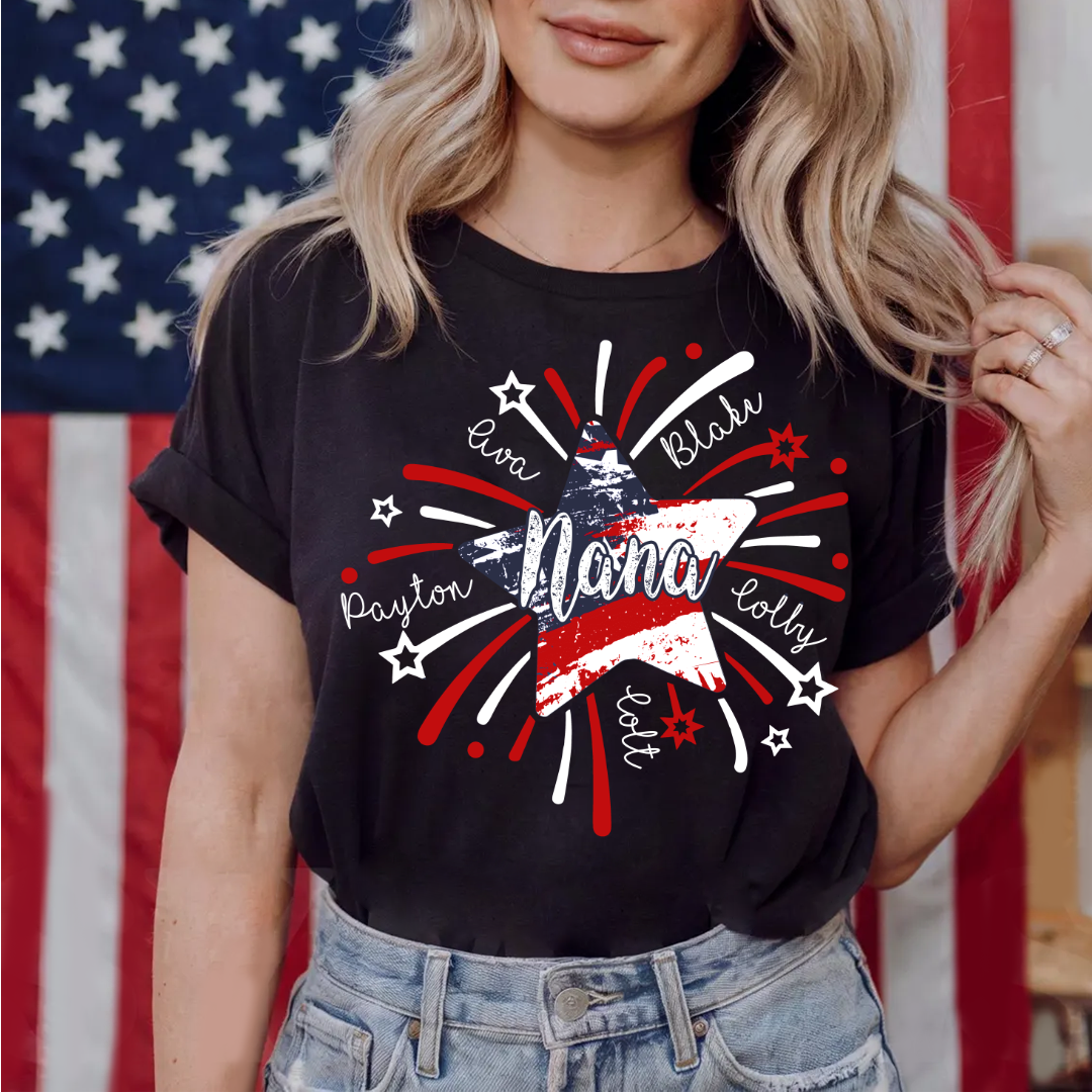 Personalized Mimi 4th of July Shirt, Custom Grandmother Name Patriotic T-Shirt, Independence Day Gift for Mimi, USA Fireworks Family Tee