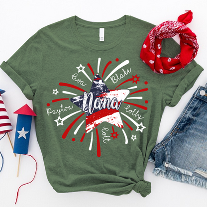 Personalized Mimi 4th of July Shirt, Custom Grandmother Name Patriotic T-Shirt, Independence Day Gift for Mimi, USA Fireworks Family Tee