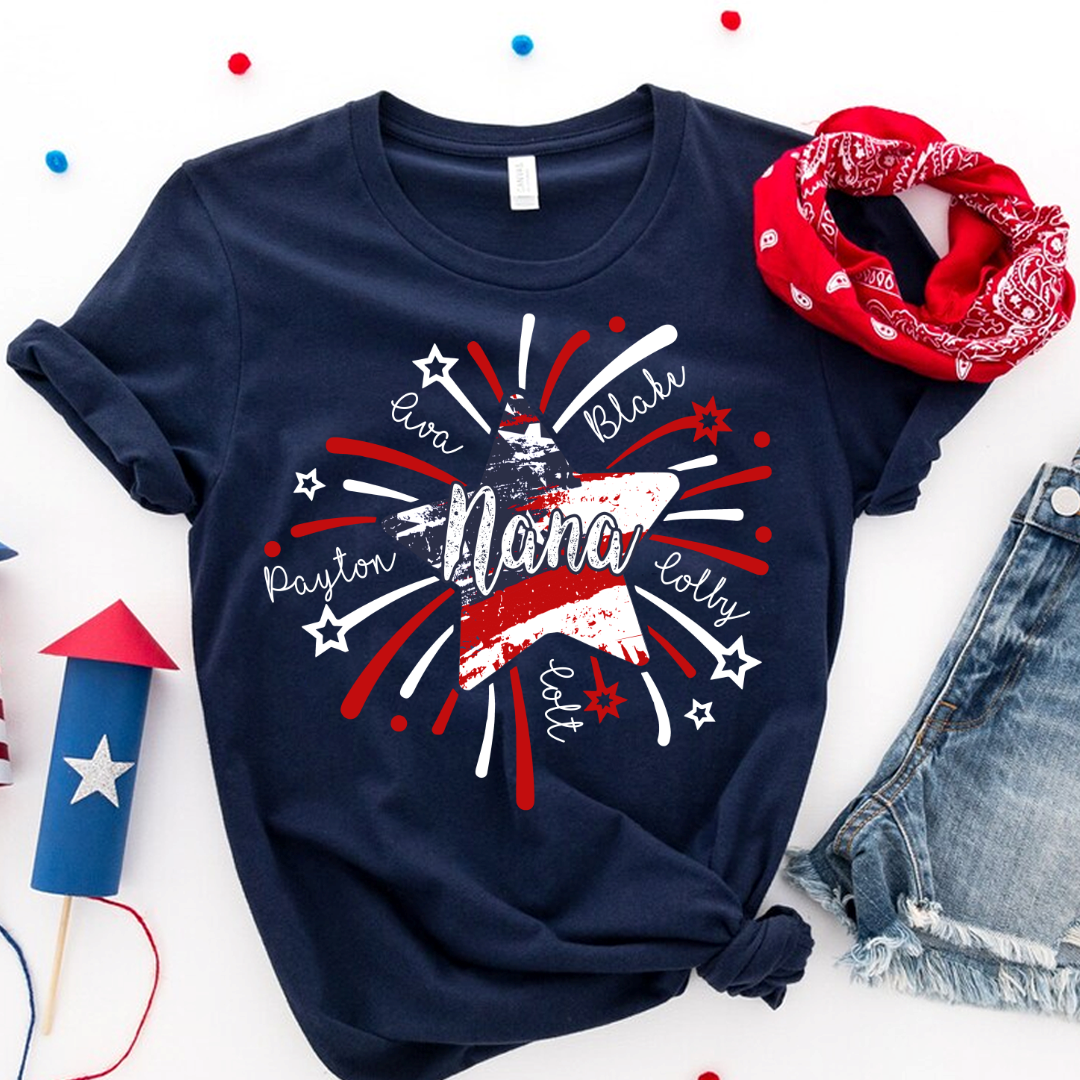 Personalized Mimi 4th of July Shirt, Custom Grandmother Name Patriotic T-Shirt, Independence Day Gift for Mimi, USA Fireworks Family Tee