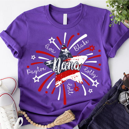 Personalized Mimi 4th of July Shirt, Custom Grandmother Name Patriotic T-Shirt, Independence Day Gift for Mimi, USA Fireworks Family Tee