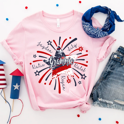Personalized Mimi 4th of July Shirt, Custom Grandmother Name Patriotic T-Shirt, Independence Day Gift for Mimi, USA Fireworks Family Tee