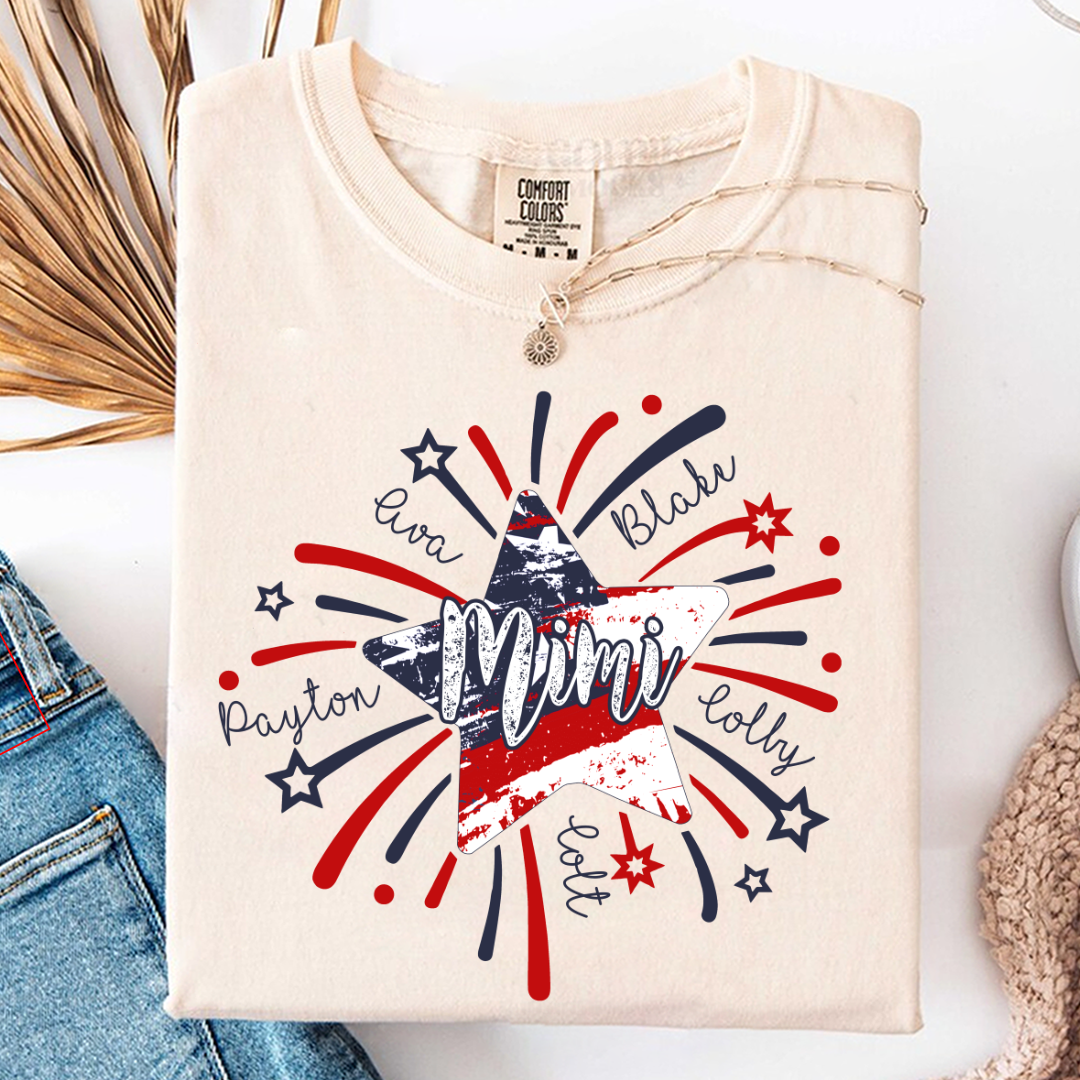 Personalized Mimi 4th of July Shirt, Custom Grandmother Name Patriotic T-Shirt, Independence Day Gift for Mimi, USA Fireworks Family Tee