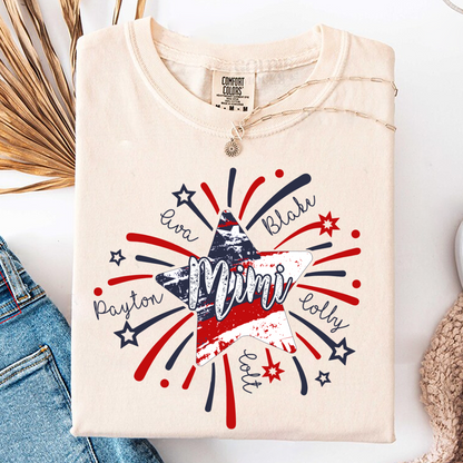 Personalized Mimi 4th of July Shirt, Custom Grandmother Name Patriotic T-Shirt, Independence Day Gift for Mimi, USA Fireworks Family Tee