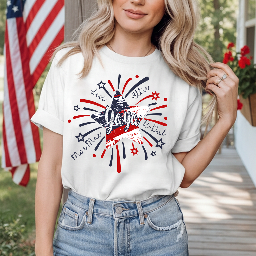 Personalized MIMI Fireworks America Flag Shirt – Custom Grandma Tee with Grandkids Names